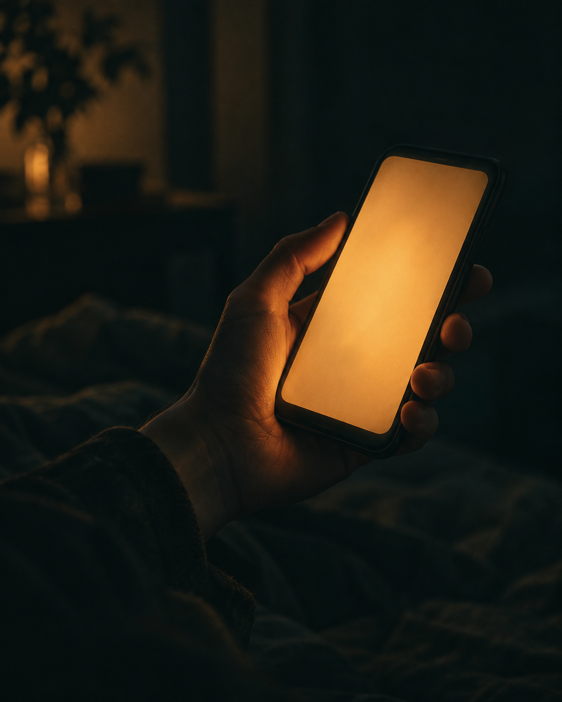 暗い部屋で、手元のスマートフォンの画面だけがほのかに光る